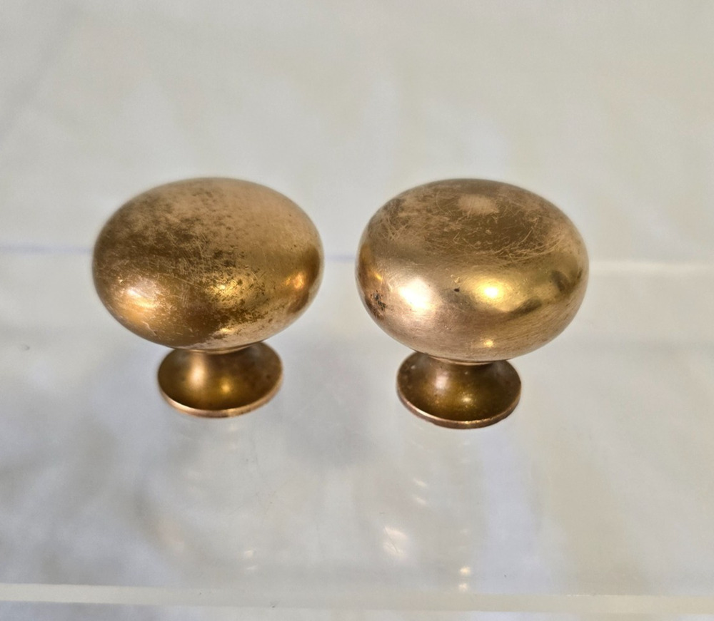 Lot of 2 Vintage Solid Brass Door Drawer Cabinet Round Knob Pulls 1 1/4"